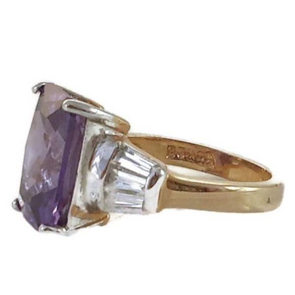 Art Deco Cocktail Ring Purple  Amethyst Cubic Zirconia Gold Size 10 - Picture 2 of 8